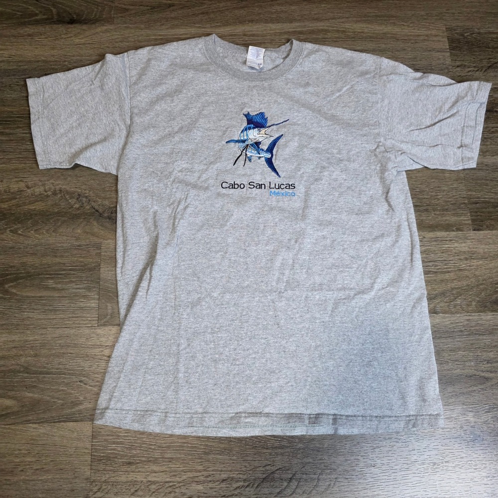 Yazbek Mens Large T-Shirt Gray Cabo San Lucas Mexico Embroidered Marlin Fishing